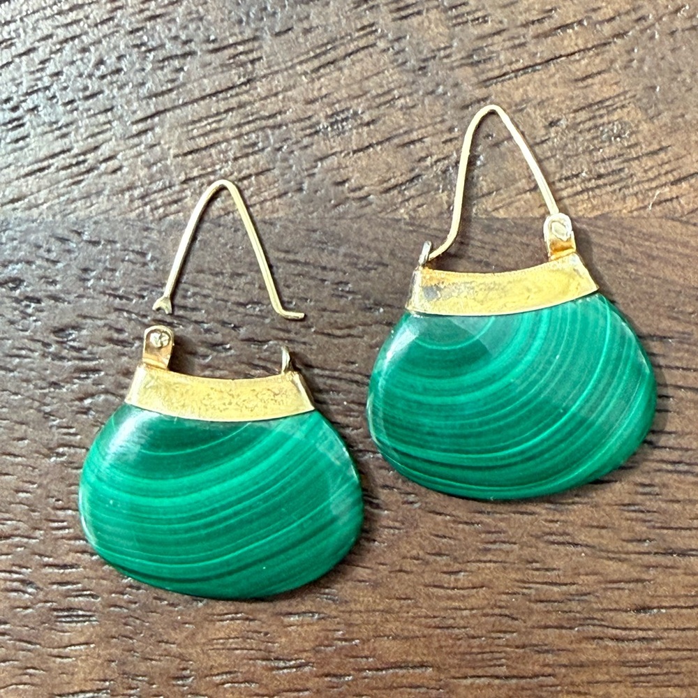 Natural malachite gold plated sterling silver drop earrings - Picture 5 of 7